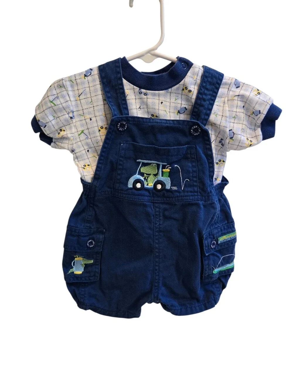 Vintage Y2k Le Top Navy Tractor Embroidered Overalls Shorts 2pc Set